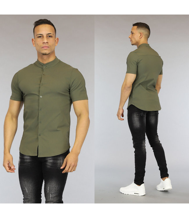 Kaki Stretch Heren Blouse met Korte Mouwen