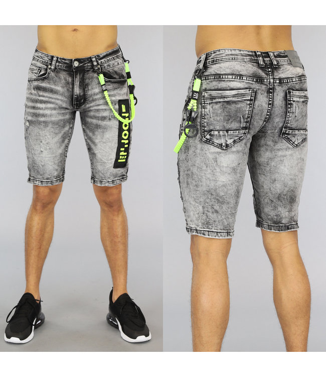 Grijze Washed Heren Jeans Short met Neon Details