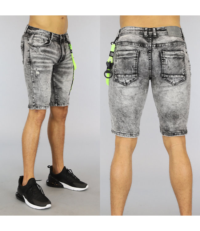 Grijze Washed Heren Jeans Short met Neon Details