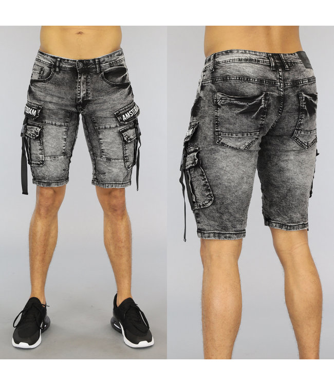 Zwart Acid Heren Jeans Short met Klepzakken