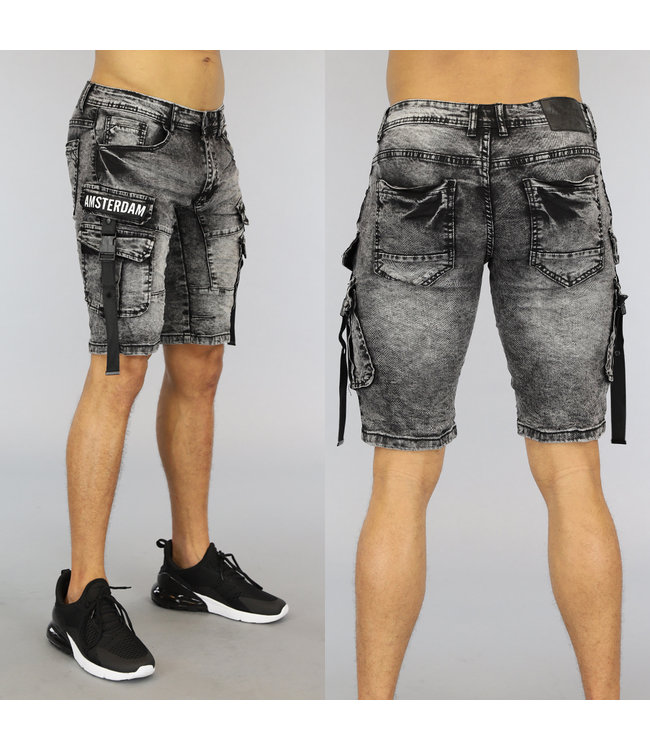 Zwart Acid Heren Jeans Short met Klepzakken
