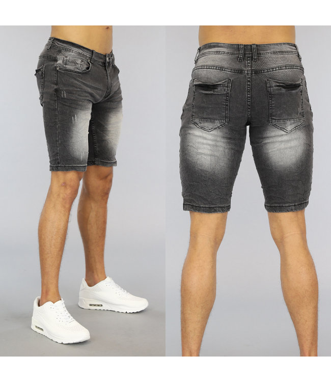 Grijze Old Look Heren Jeans Short met Wassing