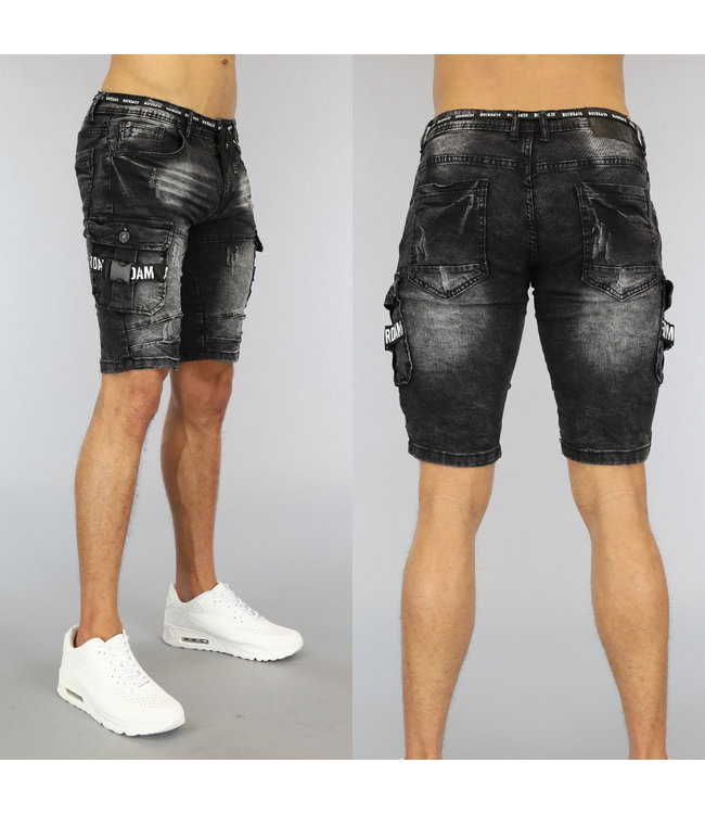 Zwart Old Look Heren Jeans Short met Details
