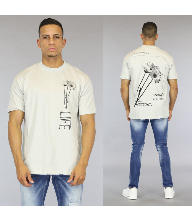 Lichtgrijs Heren Shirt met Life en Madelief Opdruk