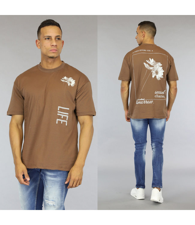 !OP=OP Bruin Heren Shirt met Life en Madelief Opdruk