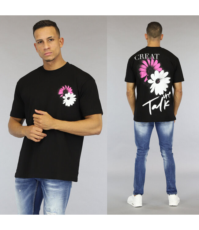 !SALE50 Zwart Heren Shirt met Fuchsia Bloemen