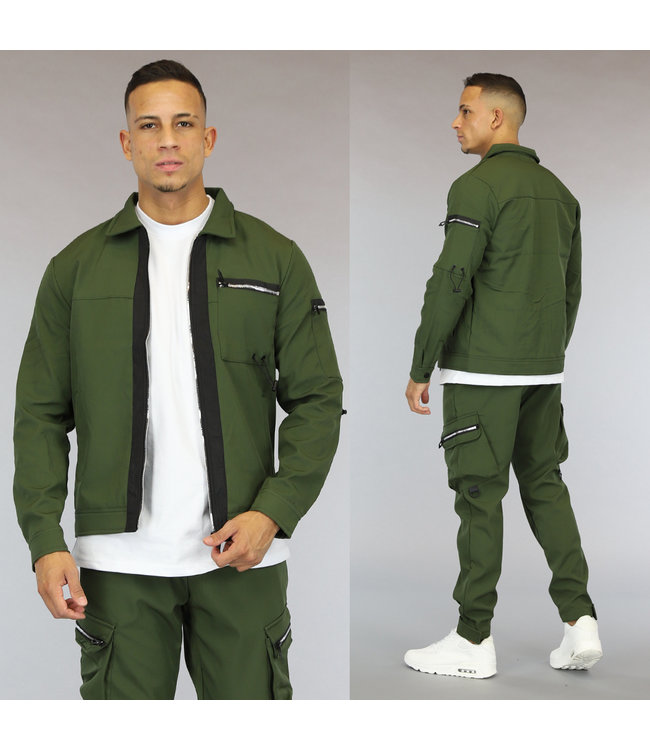 Groen Heren Cargo Vest met Zwarte Streep