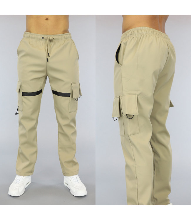 Beige Heren Cargo Broek met Zwarte Streep
