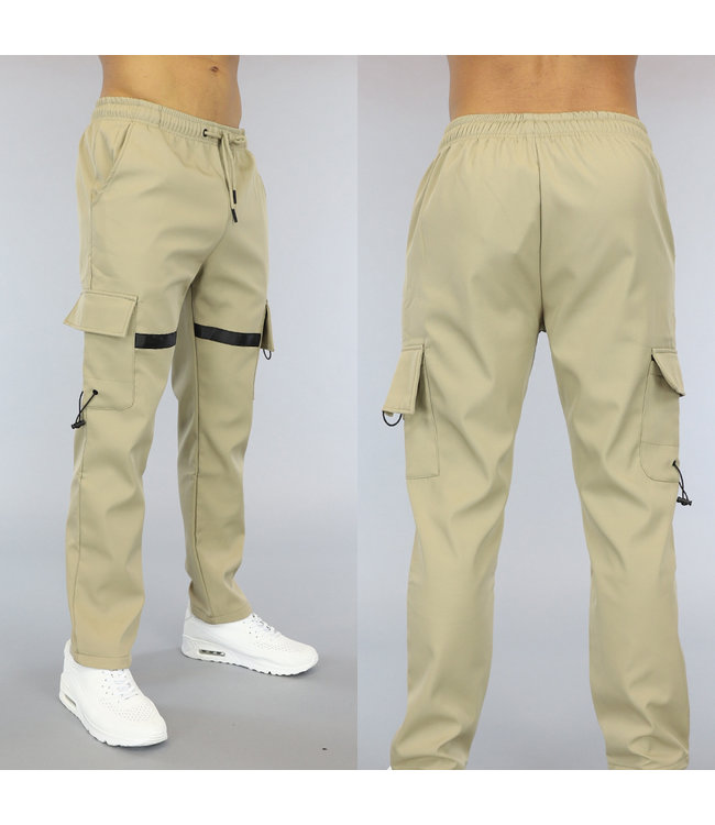 Beige Heren Cargo Broek met Zwarte Streep