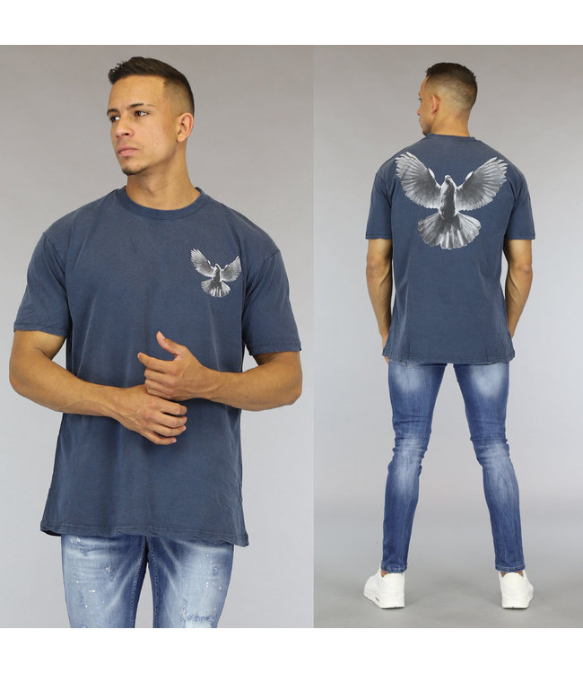 Blauwe Washed Heren Shirt met Duif
