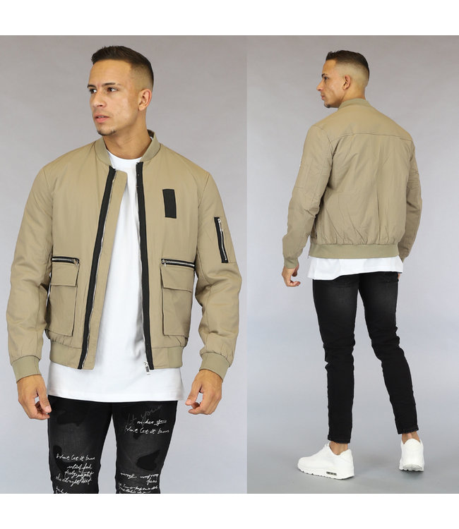 Beige Heren Bomberjack met Zwarte Details en Zakken