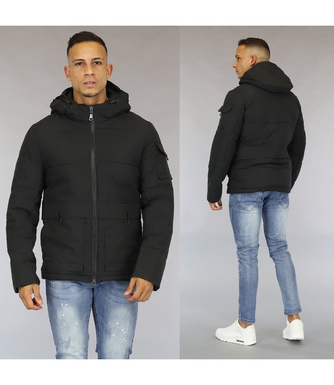 Basic Zwarte Heren Winterjas met Capuchon