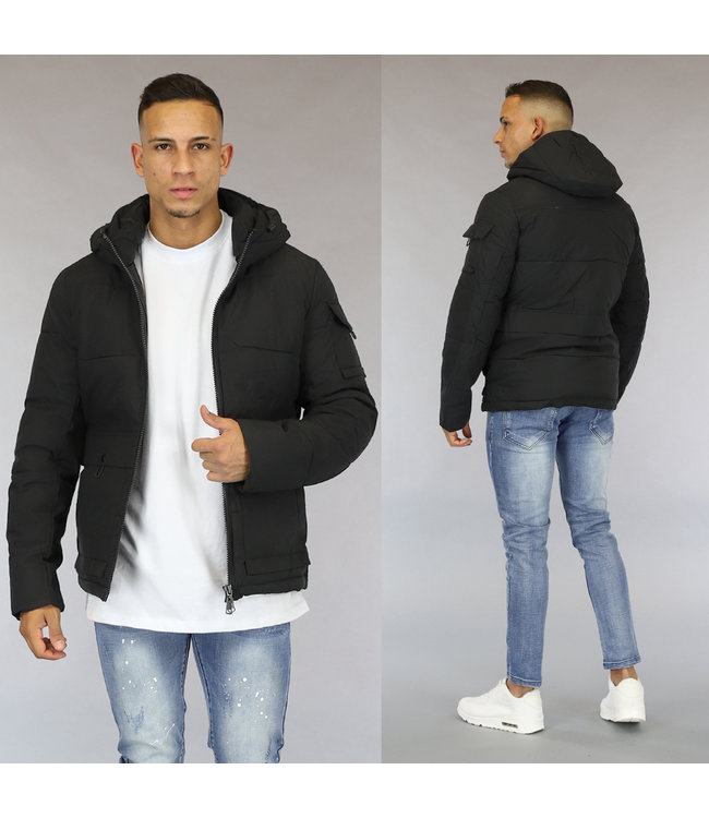 Basic Zwarte Heren Winterjas met Capuchon