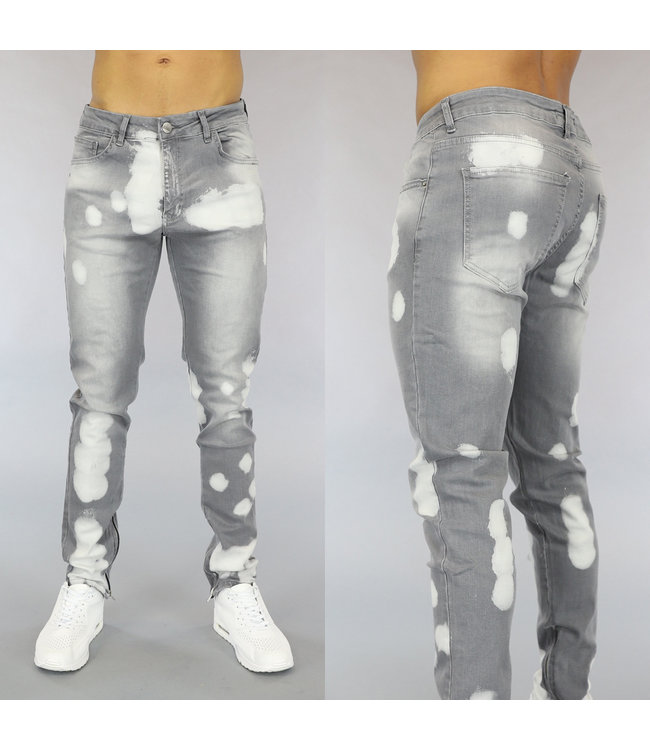 !SALE50 Lichtgrijze Heren Jeans met Acid Vlekken