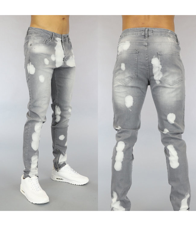 !SALE50 Lichtgrijze Heren Jeans met Acid Vlekken