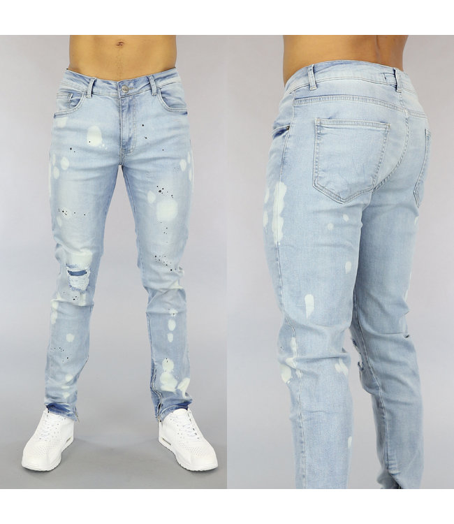 !OP=OP Lichtblauwe Heren Jeans met Acid Vlekken en Verfspatten