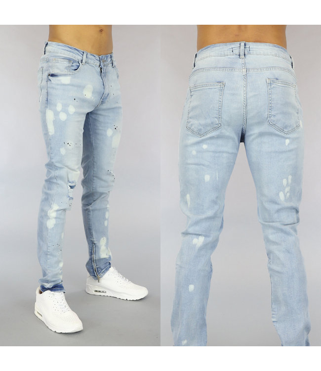 Lichtblauwe Heren Jeans met Acid Vlekken en Verfspatten