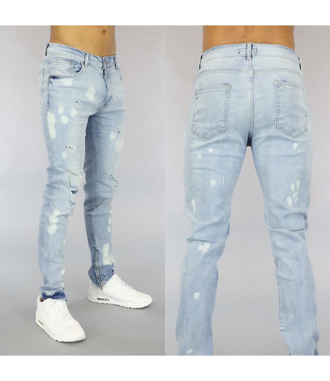 !OP=OP Lichtblauwe Heren Jeans met Acid Vlekken en Verfspatten