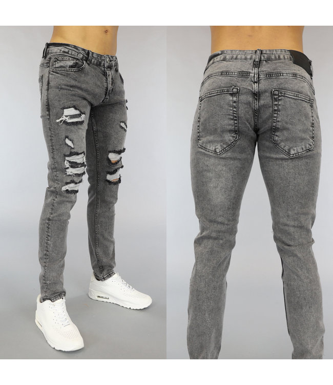 !OP=OP Donkergrijze Acid Washed Heren Jeans met Scheuren