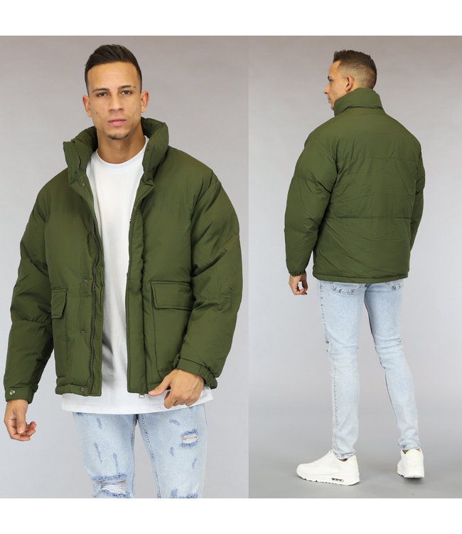Oversized Groene Heren Winterjas met Hoge Kraag
