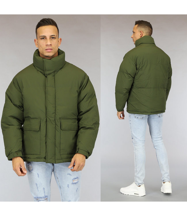 Oversized Groene Heren Winterjas met Hoge Kraag