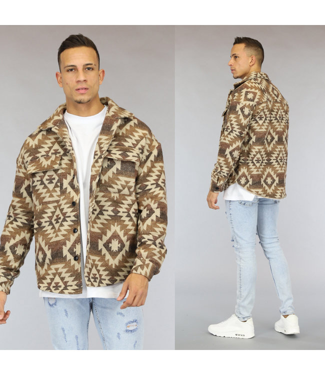 Bruin Heren Print Overshirt met Knopen