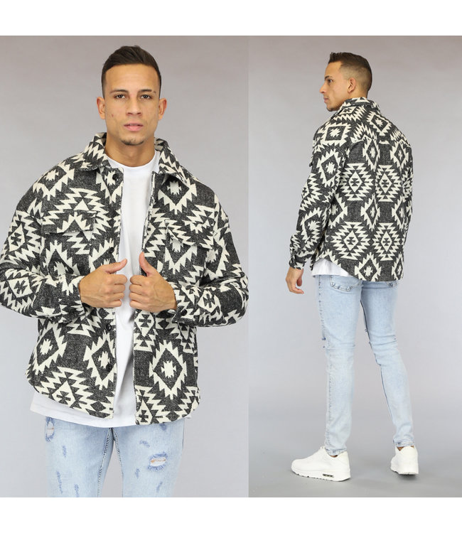 Zwart/Wit Heren Print Overshirt met Knopen