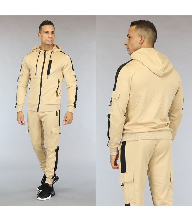 !OP=OP Beige Heren Cargo Trainingspak met Streepdetail