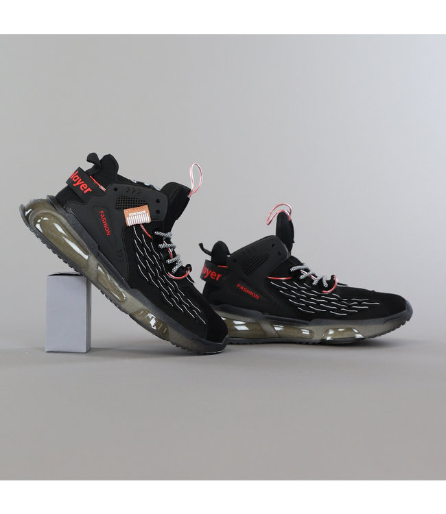 Grove Zwarte Heren Sneakers met Air Zool en Rode Details
