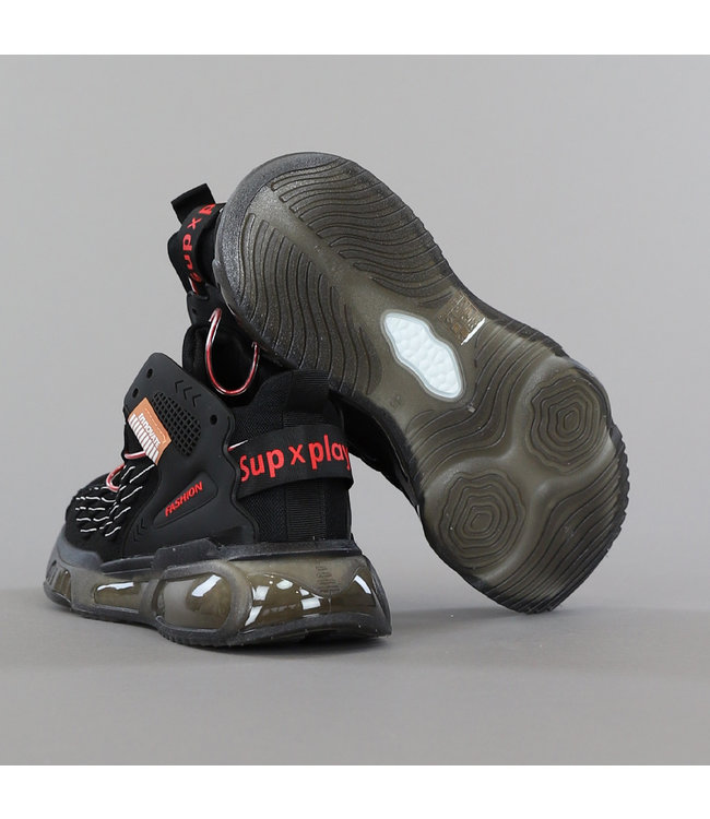 Grove Zwarte Heren Sneakers met Air Zool en Rode Details