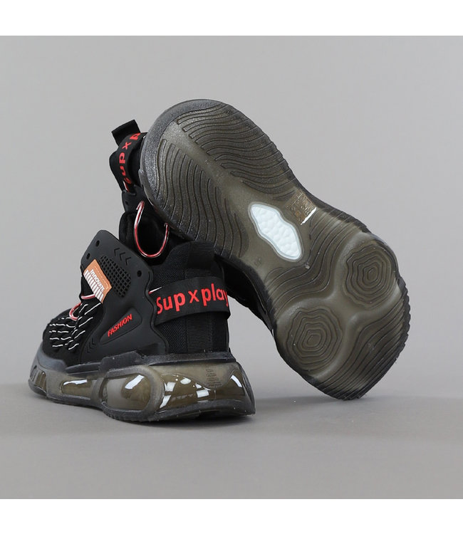 !SALE50 Grove Zwarte Heren Sneakers met Air Zool en Rode Details