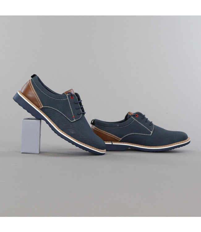 Donkerblauwe Heren Veterschoenen met Bruine Details - Black-Leo.nl