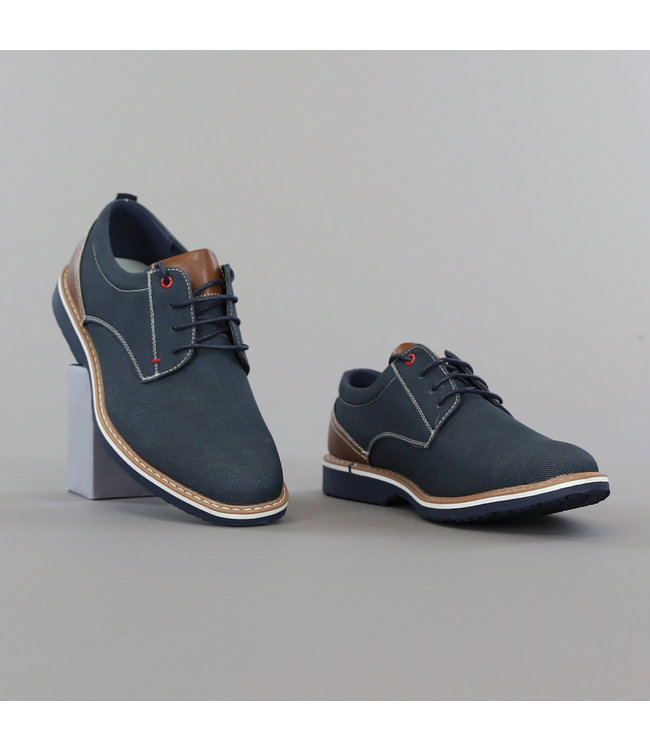 Donkerblauwe Heren Veterschoenen met Bruine Details