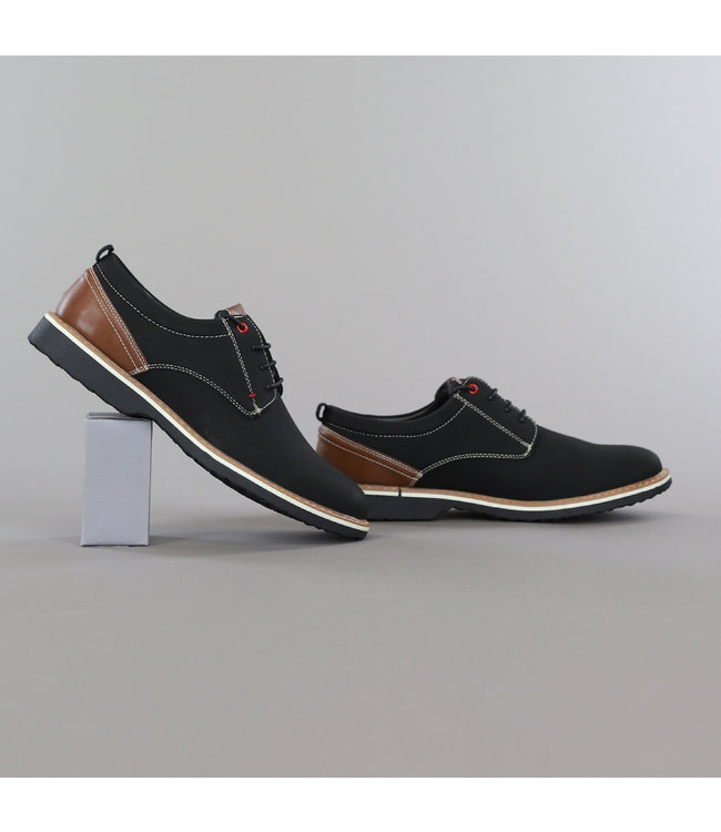 Zwarte Heren Veterschoenen met Bruine Details - Black-Leo.nl