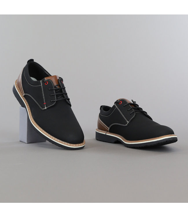 Zwarte Heren Veterschoenen met Bruine Details - Black-Leo.nl