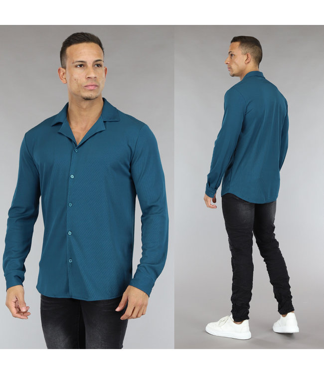 Zeegroene Loose-Fit Heren Blouse met Ribstof