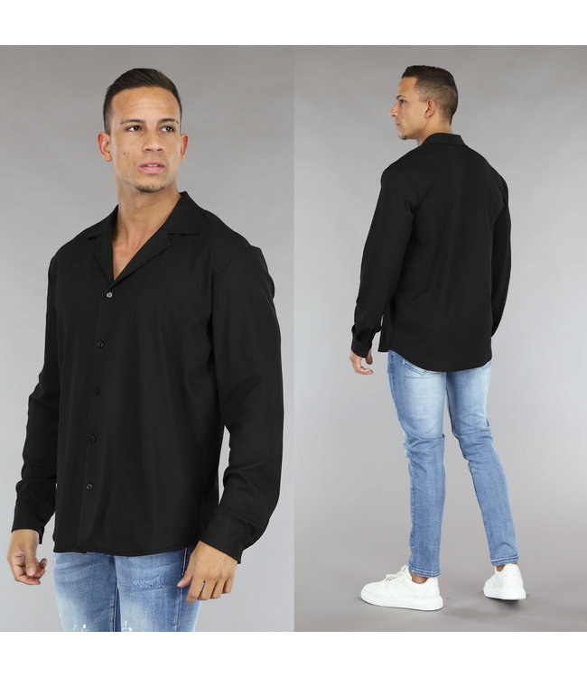Zwarte Loose-Fit Heren Blouse met Ribstof