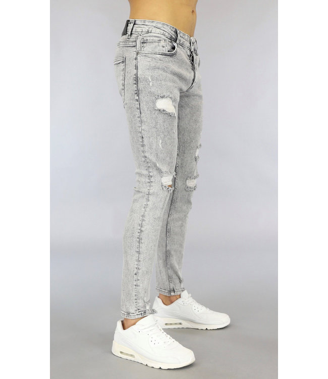 Grijze Heren Acid Washed Skinny Jeans met Scheuren