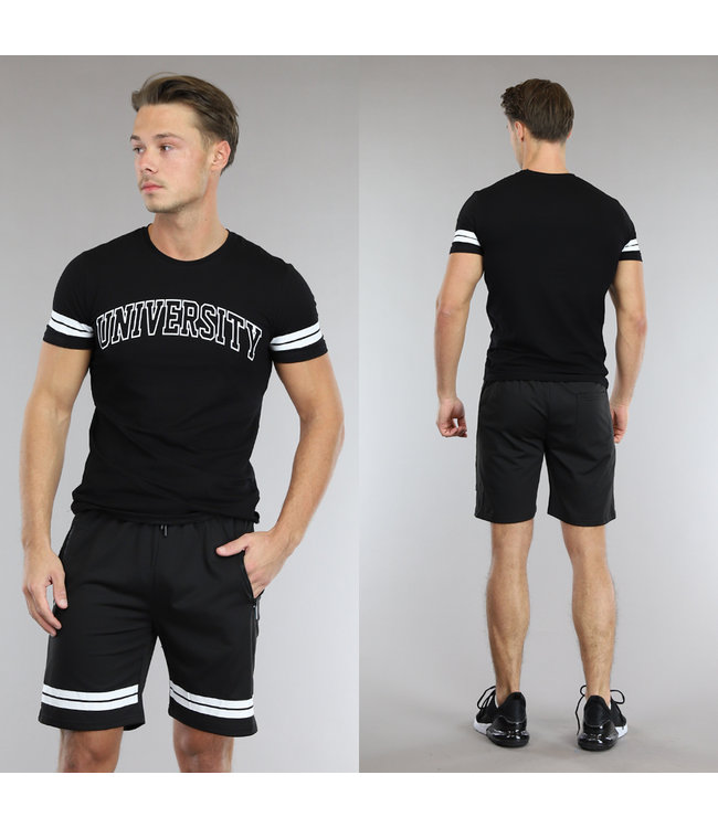 !SALE50 Zwarte Heren Slim Fit Short Set met Strepen