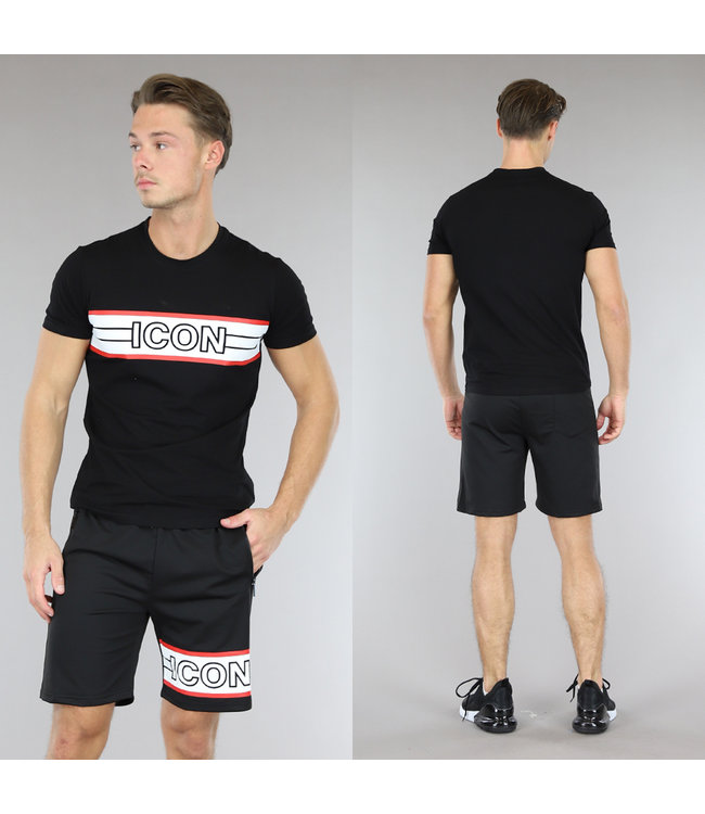 !OP=OP Zwarte Heren Slim Fit Short Set met Icon Bedrukking