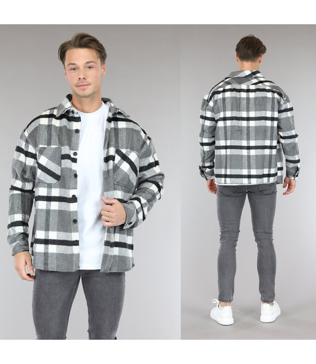 !SALE50 Grijze Heren Houthakkers Overshirt met Oversized Fit