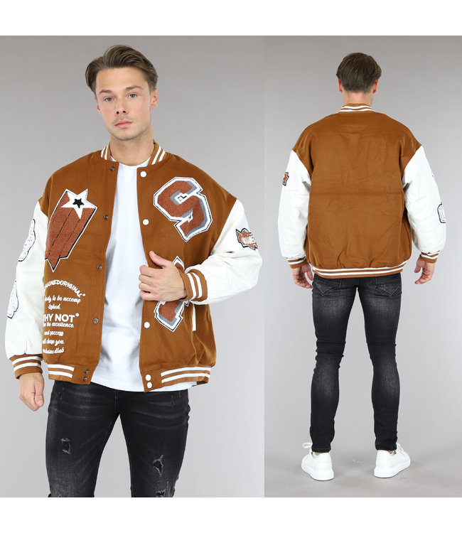 !OP=OP Bruine Heren Varsity Jacket met Badges