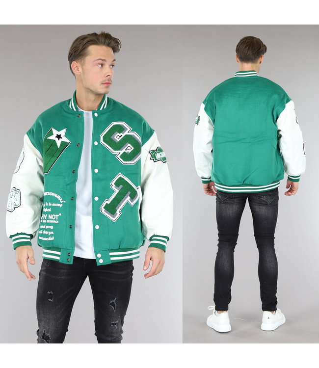 Groene Heren Varsity Jacket met Badges BlackLeo.nl