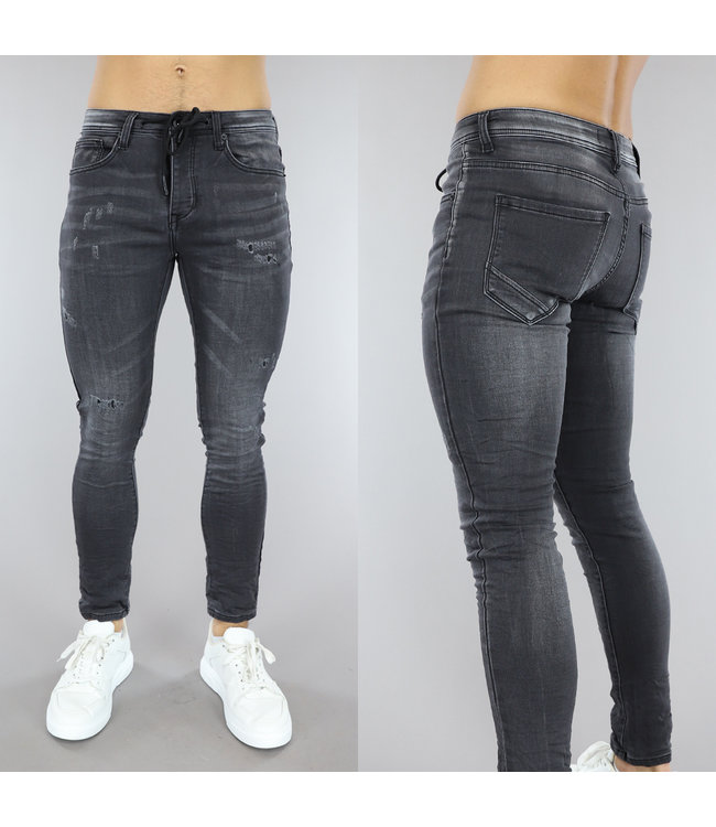 !OP=OP Donkergrijze Heren Jeans met Veterdetail en Krassen