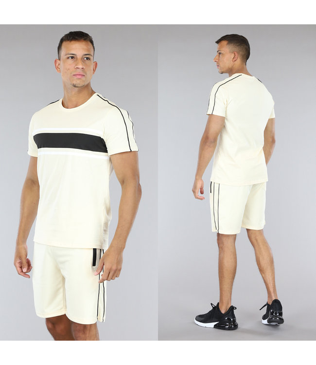 !SALE50 Heren Short Set Beige met Sporty Zwarte Streep