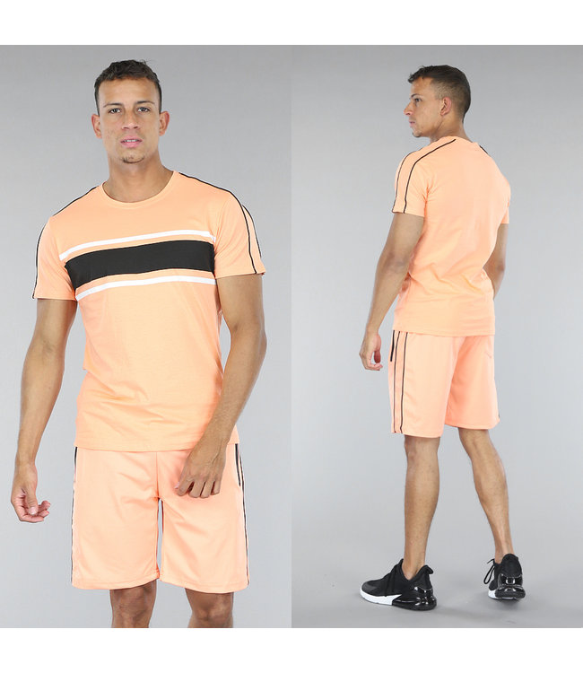 !SALE50 Heren Short Set Oranje met Sporty Zwarte Streep