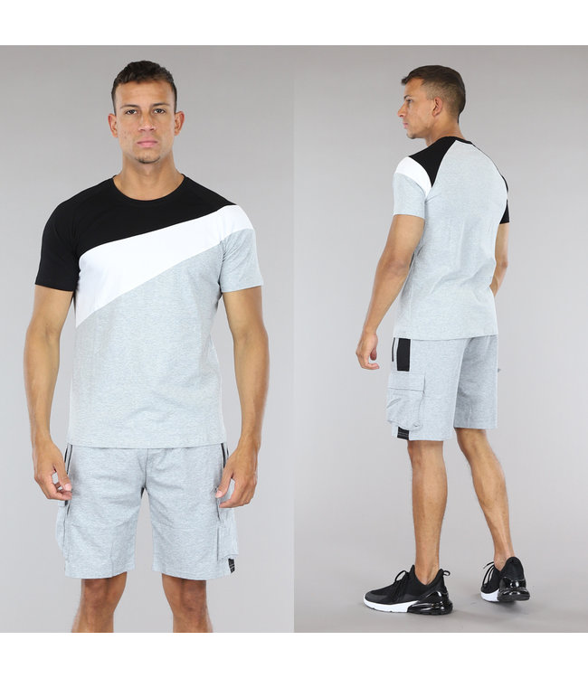 !SALE50 Grijs Heren Cargo Short Set met Zwart/Witte Vlakken