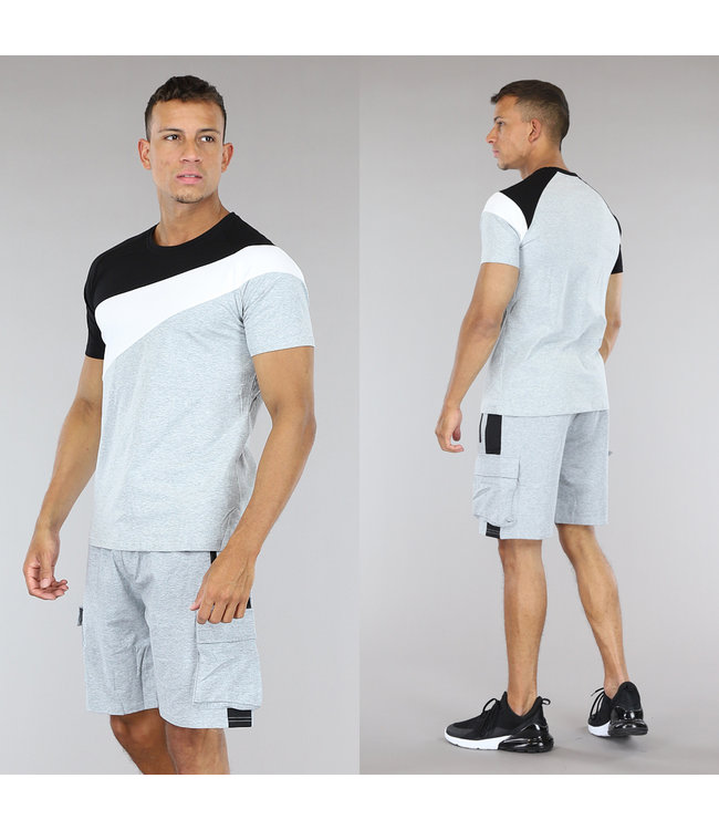 !SALE50 Grijs Heren Cargo Short Set met Zwart/Witte Vlakken