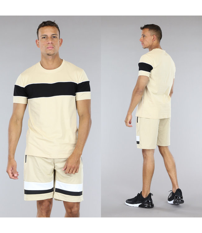 !SALE50 Beige met Zwart Heren Short Set met Streepdetails