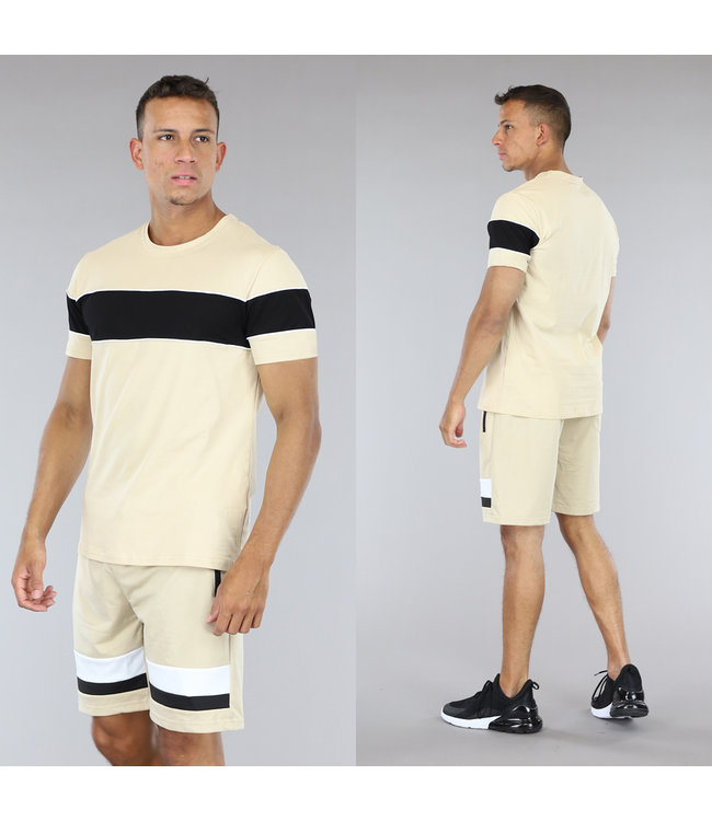 !SALE50 Beige met Zwart Heren Short Set met Streepdetails